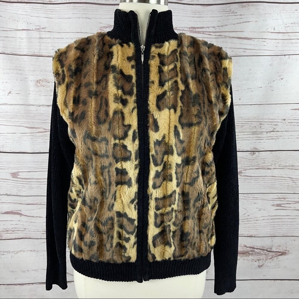 Lisa International faux fur animal print sweater zip front high neck